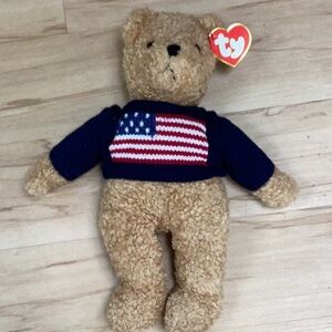 1990 TY Curly She’s A Grand Old Flag Brown Bear Stuffed Animal Plush Toy NWT